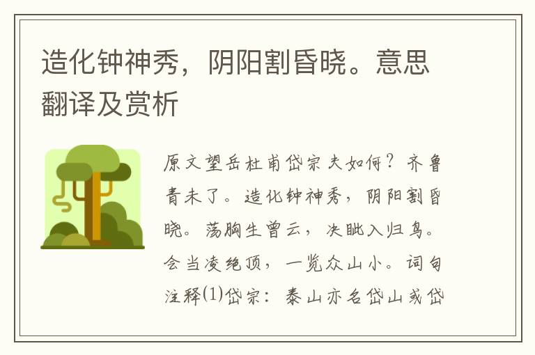 造化钟神秀,阴阳割昏晓。意思翻译及赏析