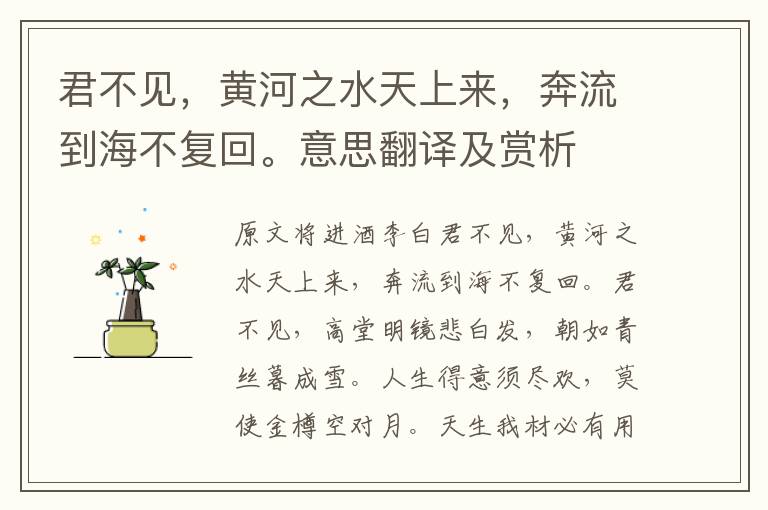 君不见,黄河之水天上来,奔流到海不复回。意思翻译及赏析
